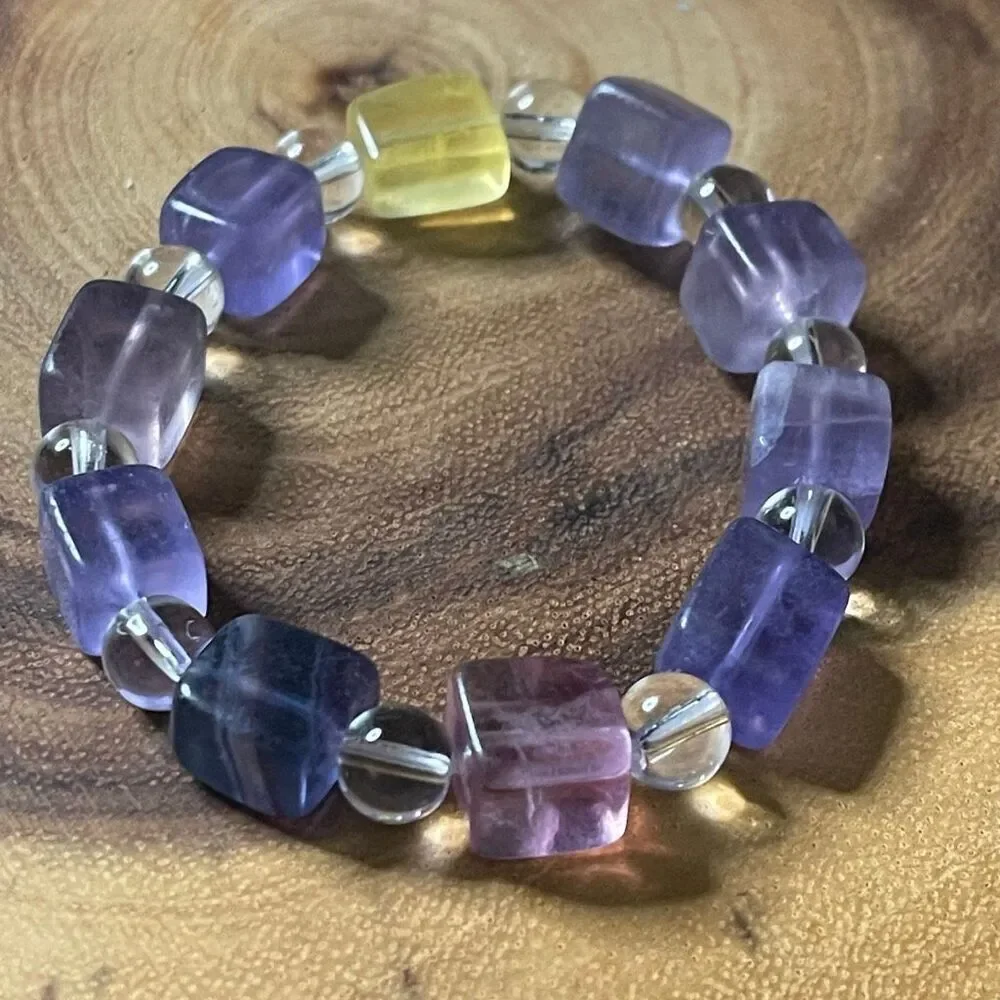 Fluorite bracelet striped layers rainbow colors cube stretch 10mm 7.5” natural c
